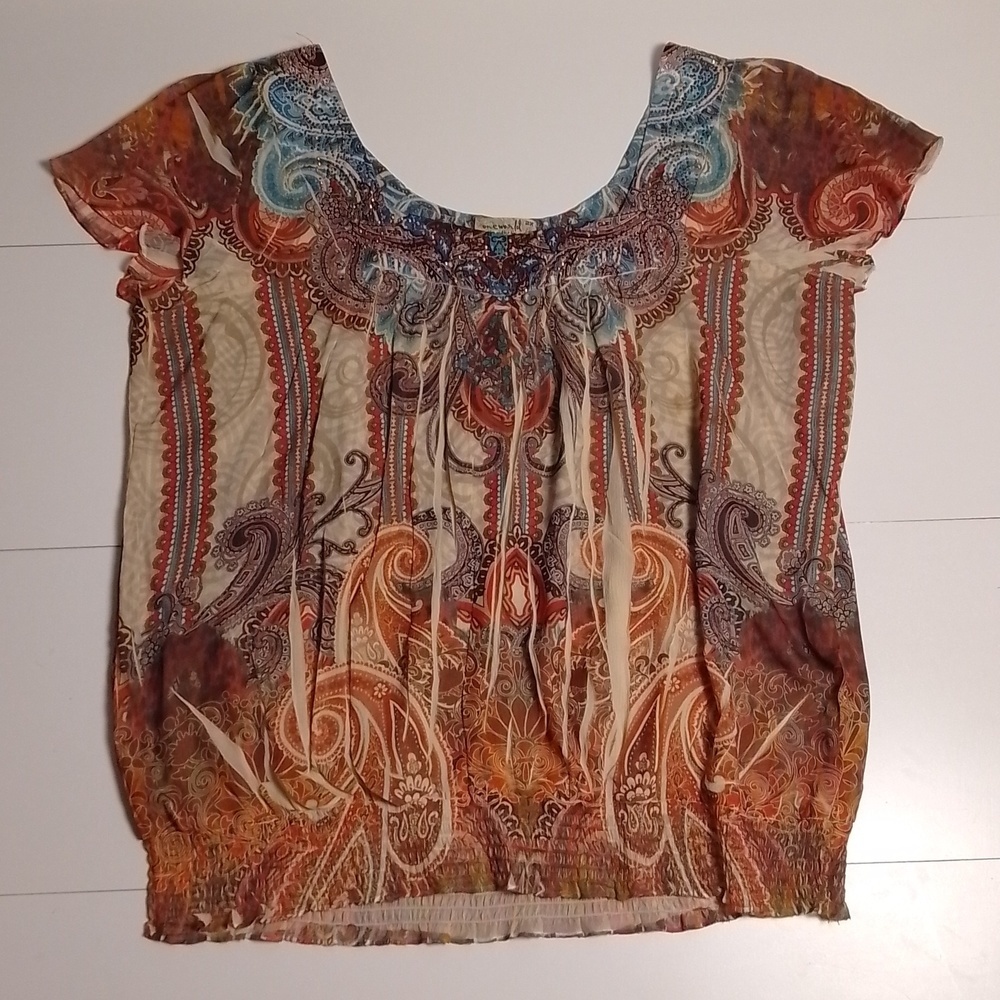 One world size 2x flutter sleeve earth tones boho elastic waist square neckline